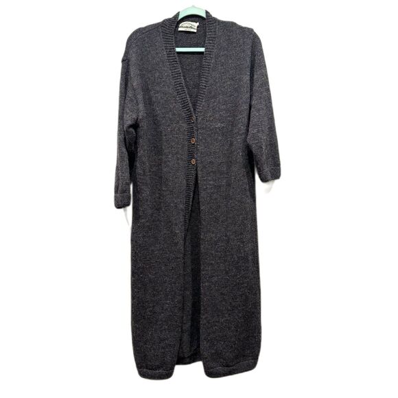 Aran Crafts Sweater 100% Merino Wool Long Duster Cardigan Gray Knit sz M/L - Picture 1 of 9